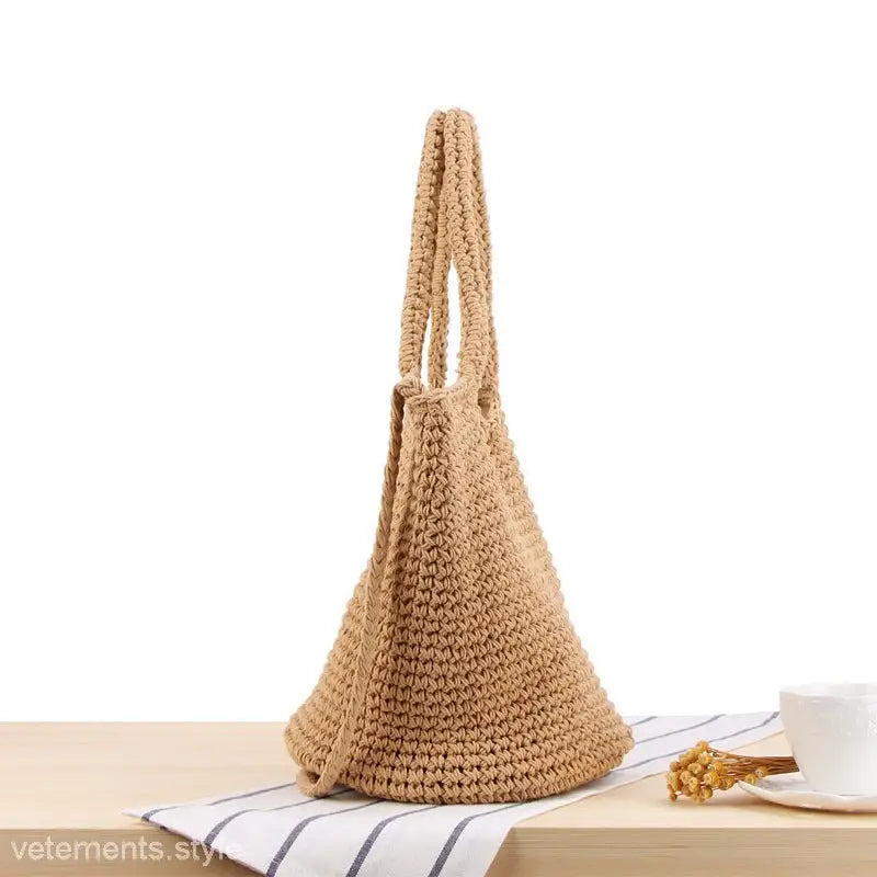 Durable Bohemian Shoulder Bag in tan crochet with essential care guidelines included