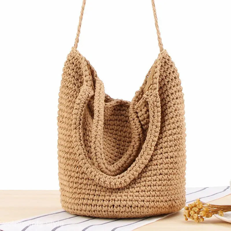 Crocheted tan bohemian shoulder bag featured in Durable Bohemian Shoulder Bag product
