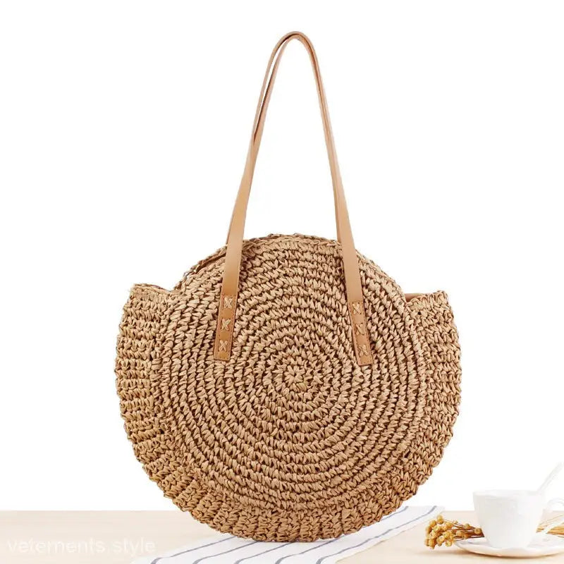 Circular woven straw handbag with tan leather handles, Large Striped Blue Cross Bohemian Bag