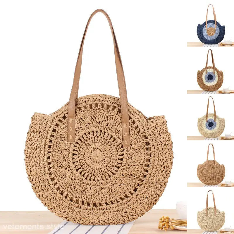 Circular woven straw handbag with leather straps, ideal for a large striped blue or light brown cross bohemian bag