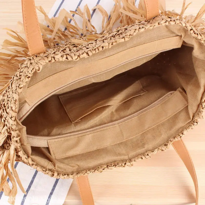 Straw tote bag with fringe featured in Durable Semicircle Tassel Shoulder Bag design