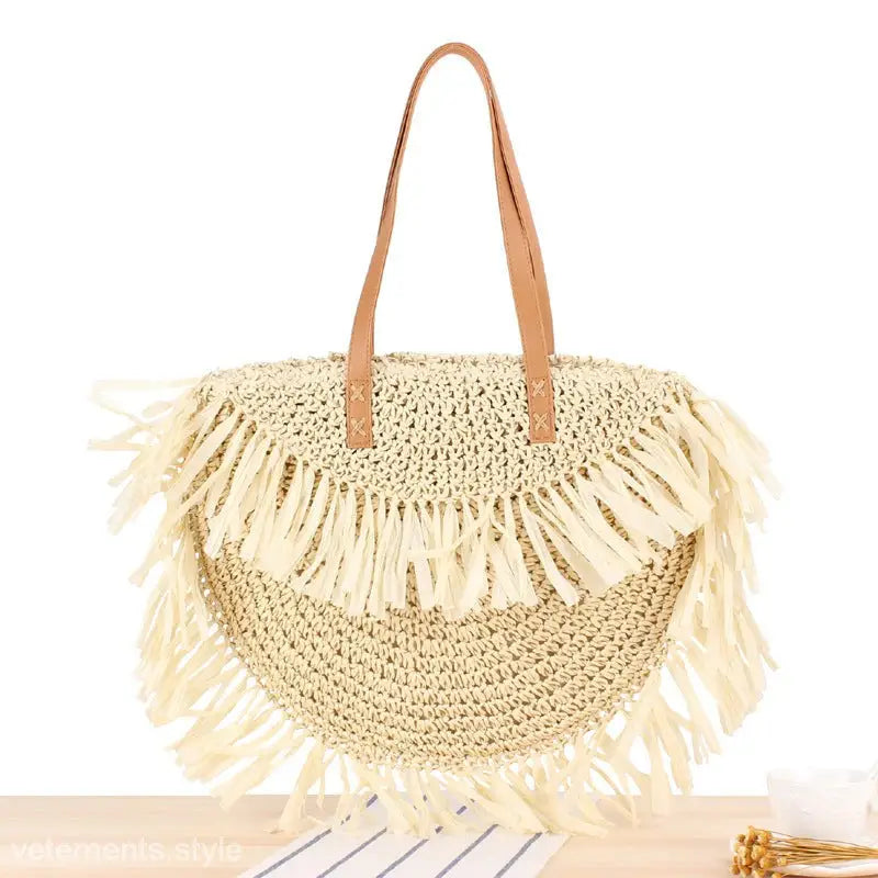 Round straw tote bag with fringe from Durable Semicircle Tassel Shoulder Bag collection
