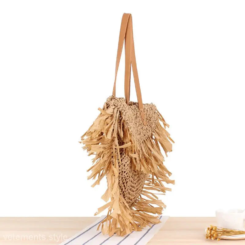 Fringed straw tote bag with leather straps from Durable Semicircle Tassel Shoulder Bag