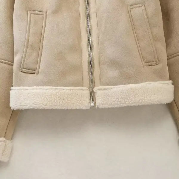 Beige Early Autumn Coat with zipper front and fleece lining at the bottom edge