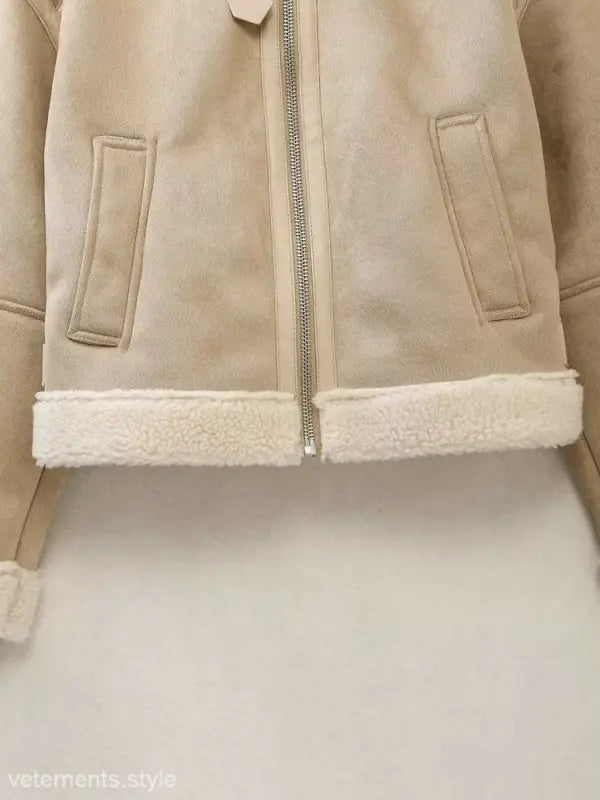 Beige Early Autumn Coat with zipper front and fleece lining at the bottom edge