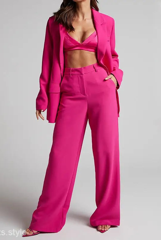 Edith Elegant Set in hot pink featuring a spring elegant collared top and high waist pants