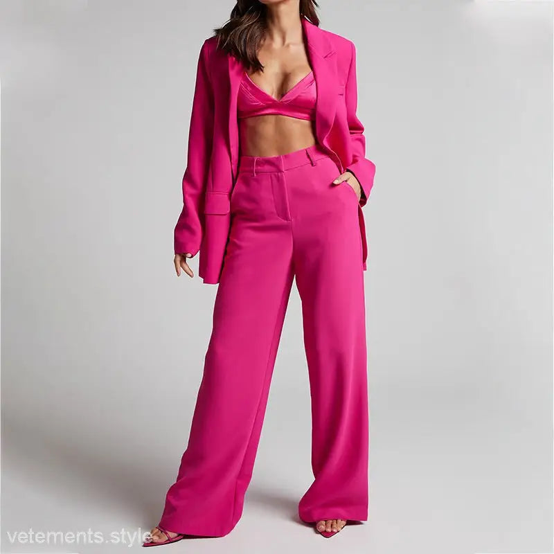 Hot pink Edith Elegant Set featuring spring elegant collared high waist top and pants