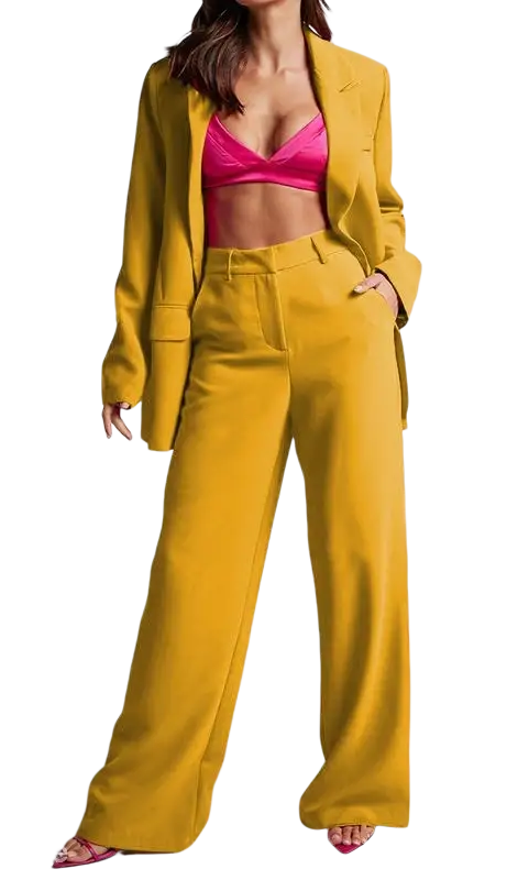 Edith elegant set: yellow pantsuit with pink bra, spring elegant collared sleeve high waist