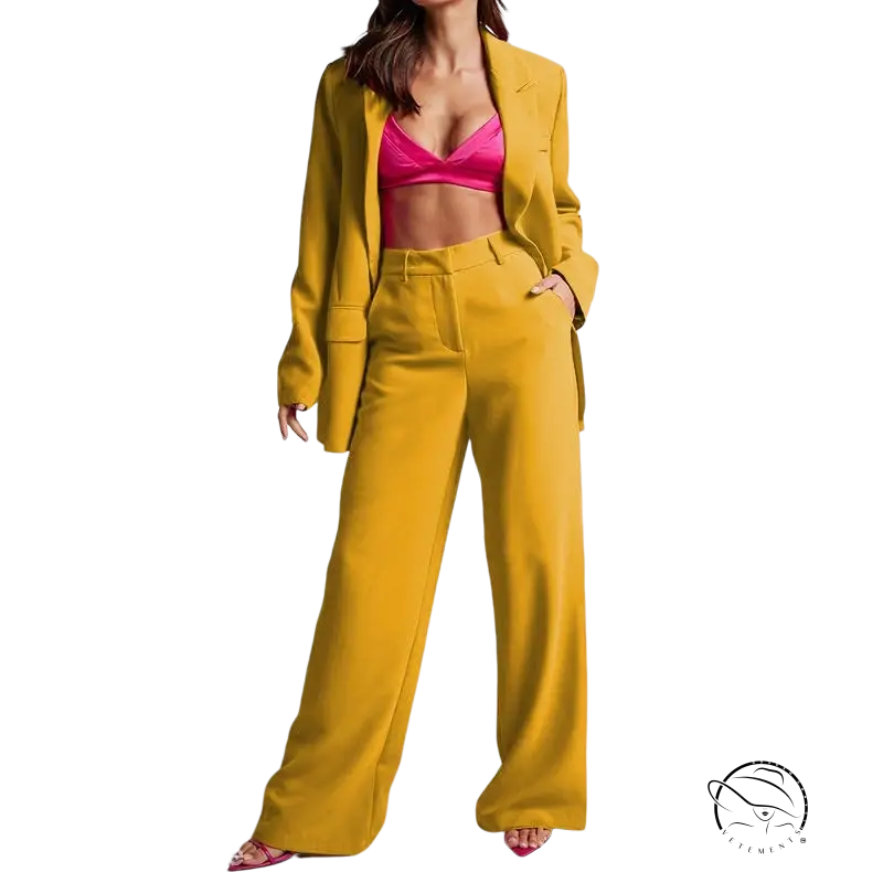 Edith elegant set: yellow pantsuit with pink bra, spring elegant collared sleeve high waist