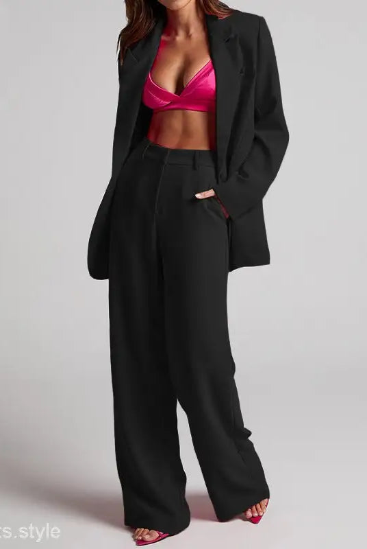 Black pantsuit with pink top featured in Edith Elegant Set Spring Elegant Collared ensemble