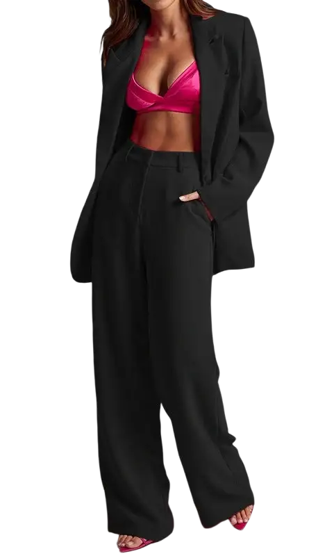 Black pantsuit with pink top featured in Edith Elegant Set Spring Elegant Collared ensemble