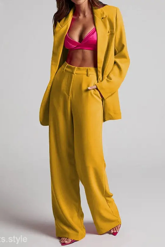 Mustard-colored pantsuit with pink top from Edith Elegant Set, Spring Collared High Waist ensemble
