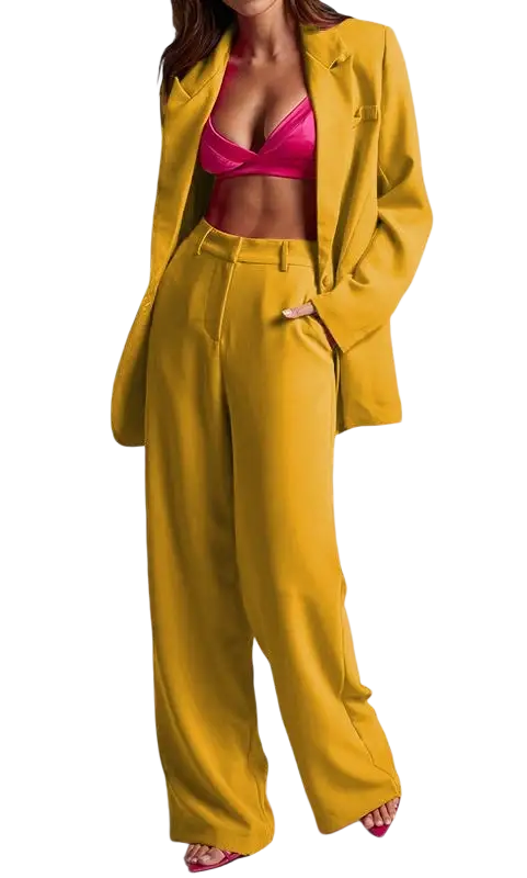 Mustard-colored pantsuit with pink top from Edith Elegant Set, Spring Collared High Waist ensemble