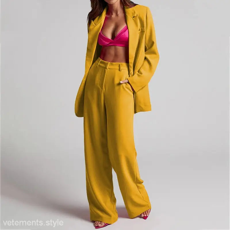 Mustard-colored pantsuit with pink top from Edith Elegant Set, Spring Collared High Waist ensemble