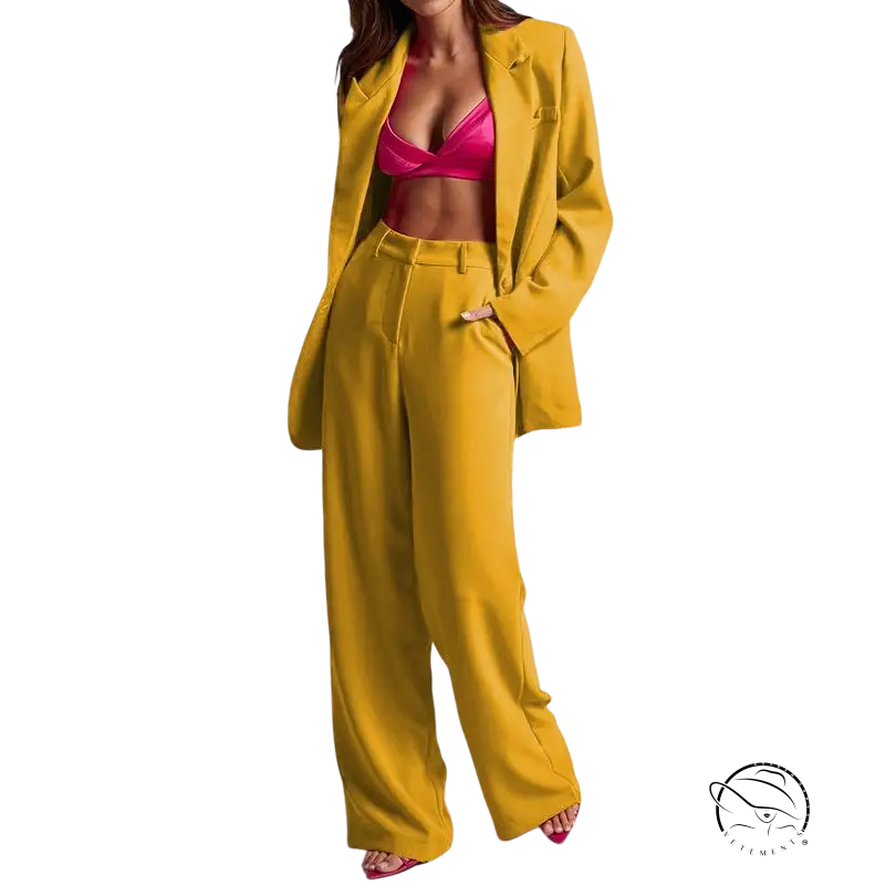 Edith Elegant Set: mustard pantsuit with pink spring elegant collared sleeve high waist top