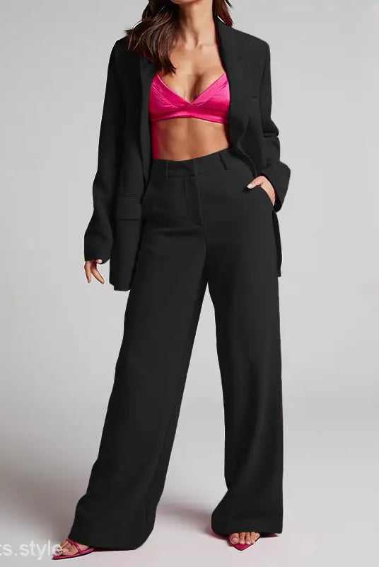 Black blazer and wide-leg pants in Edith Elegant Set, featuring a spring elegant collared design