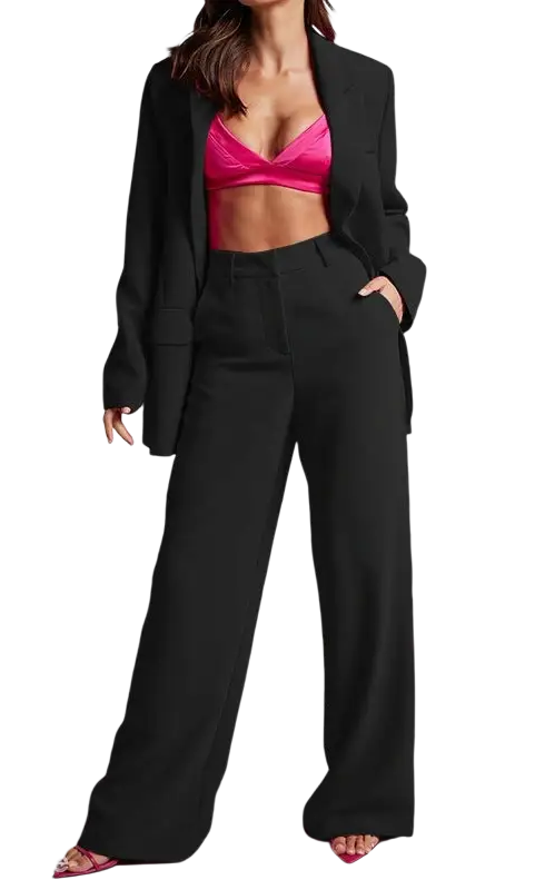 Black blazer and wide-leg pants in Edith Elegant Set, featuring a spring elegant collared design