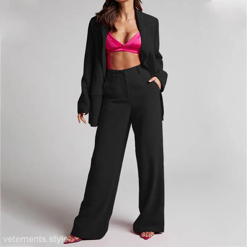 Black blazer and wide-leg pants in Edith Elegant Set, featuring a spring elegant collared design