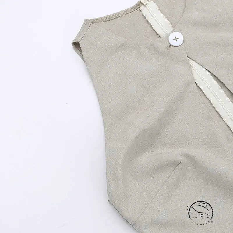 Elegant A-line midi dress with crew neck sleeve in beige sleeveless style