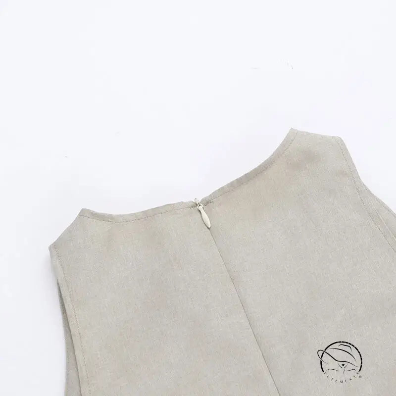 Light gray sleeveless crew neck A-line midi dress with back zipper