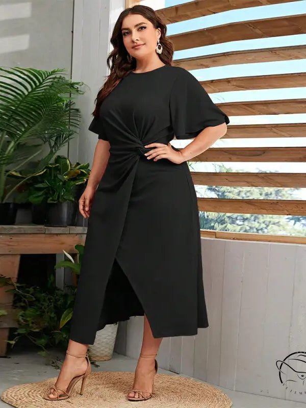 Elegant A-line midi dress with twist-front and ruffled butterfly sleeves