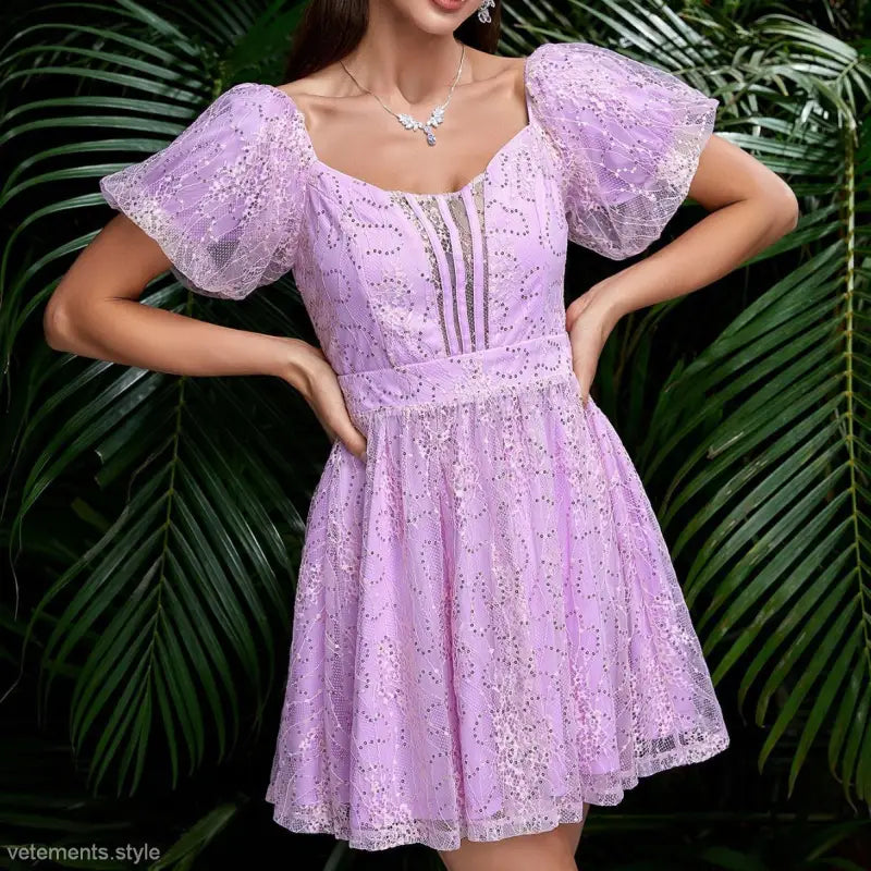 Lavender sparkly mesh lace puff sleeve dress with fitted bodice for elegant occasions