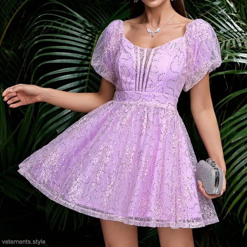 Elegant lavender lace puff sleeve dress with mesh lace and sparkly pattern