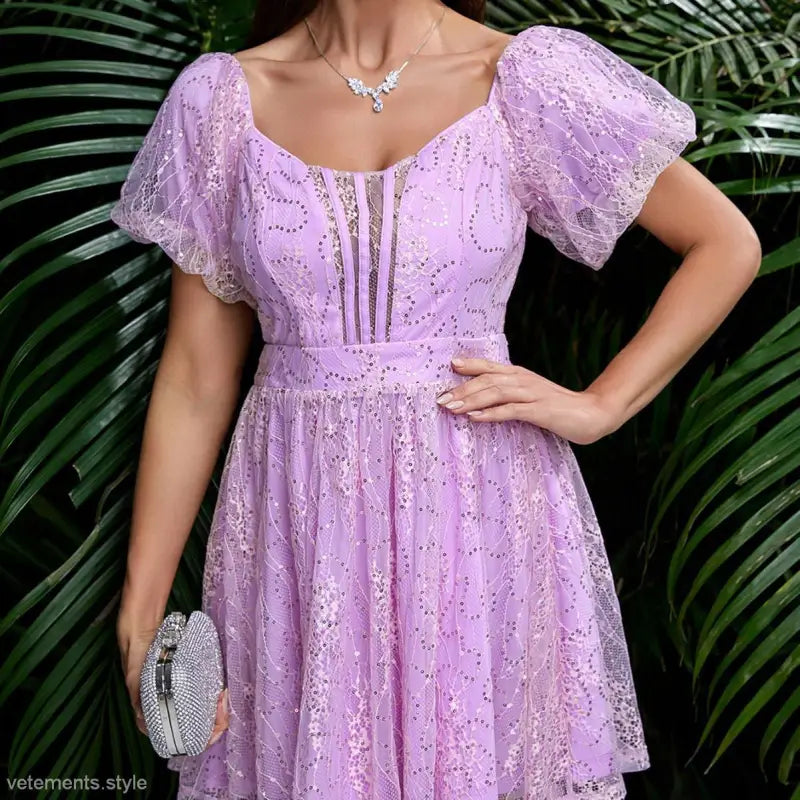 Lavender lace puff sleeve dress with mesh lace puff sleeves and sparkly pattern