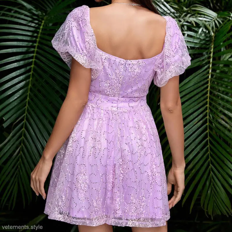 Elegant lavender lace puff sleeve dress with mesh lace puff sleeve and square neckline