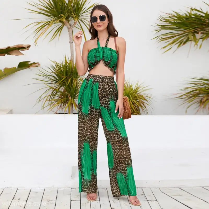 Elegant Animal Print Backless Halter Top in green and leopard print for summer style