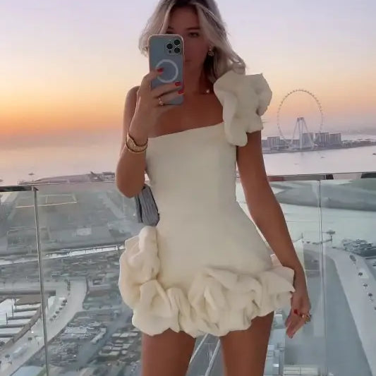 Woman modeling Elegant Asymmetric Ruffled Summer Dress with One Shoulder Sleeve