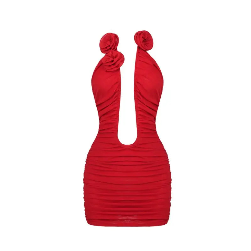 Red ruched mini dress with floral shoulder details in a floral pleated strapless mesh dress style