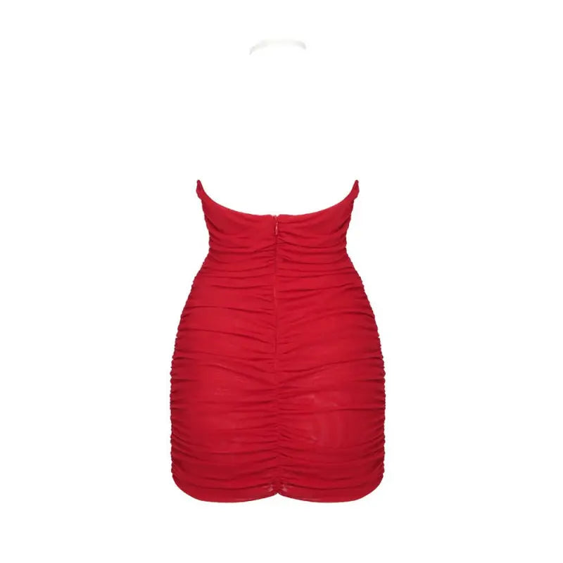 Red ruched halter dress featuring floral pleated strapless mesh design for elegant style