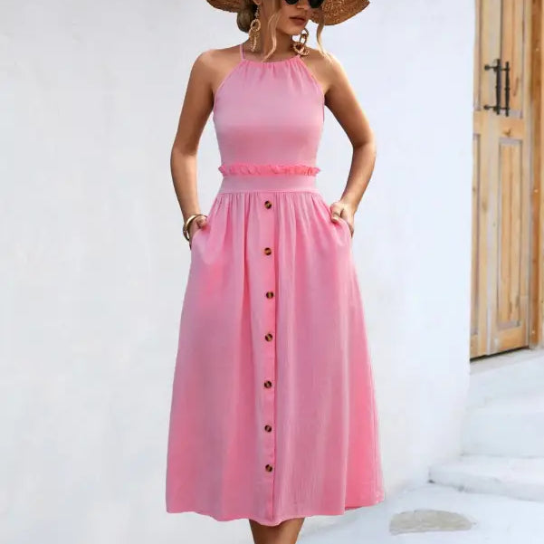 Pink halter-neck midi dress with button-front skirt and ruffle waist, elegant backless dress for summer