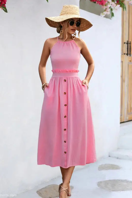 Pink halter-neck midi dress with button-front skirt and ruffle waist, elegant backless dress for summer