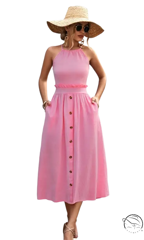 Pink halter-neck midi dress with button-front skirt and ruffle waist, elegant backless dress for summer