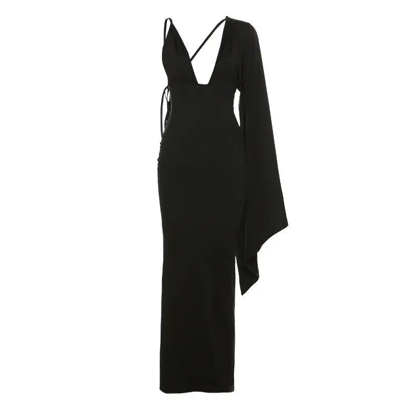 Elegant Black Evening Gown with Sexy Low Cut Backless Design and Asymmetrical Sleeve