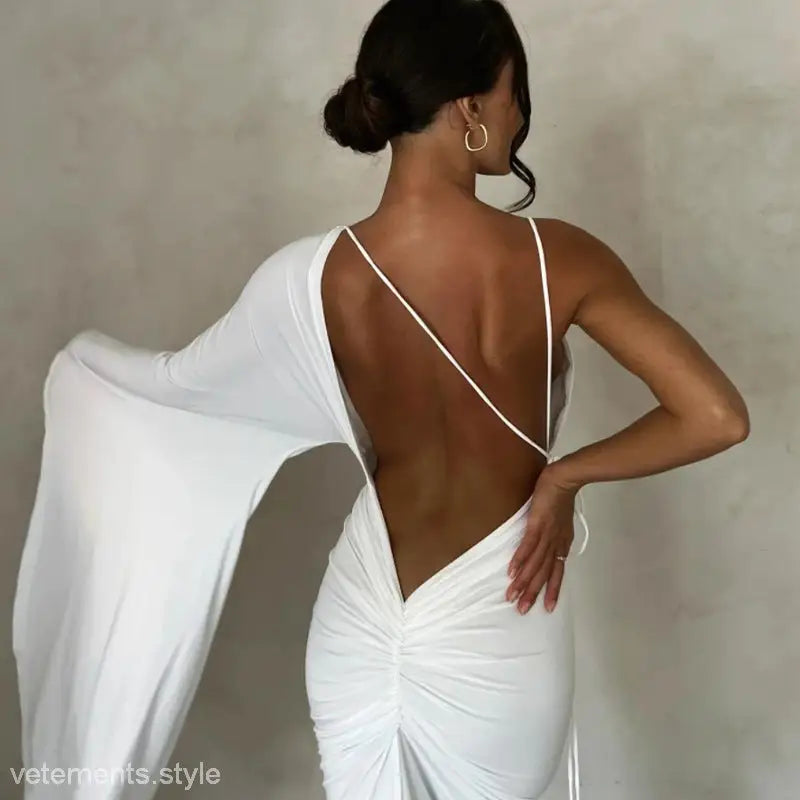 Elegant Backless Evening Dress showcasing a sexy low cut backless design and ruched detailing