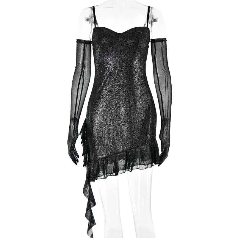 Sparkly black mini dress with sheer gloves, perfect for elegant backless hip dress occasions