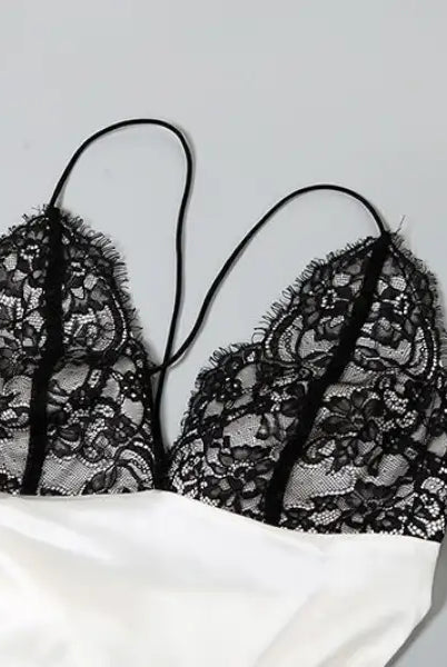 White and black lace lingerie top for Elegant Backless Lace Split Dress styling