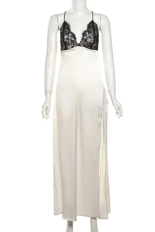 White satin nightgown with black lace bodice from the Elegant Backless Lace Split Dress