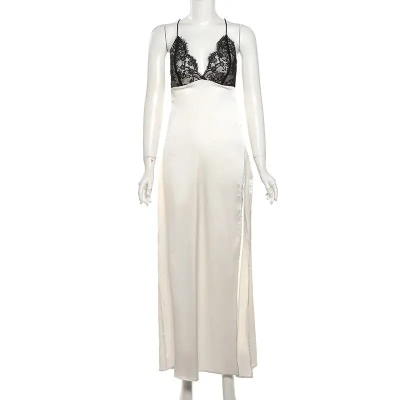 White satin nightgown with black lace bodice from the Elegant Backless Lace Split Dress