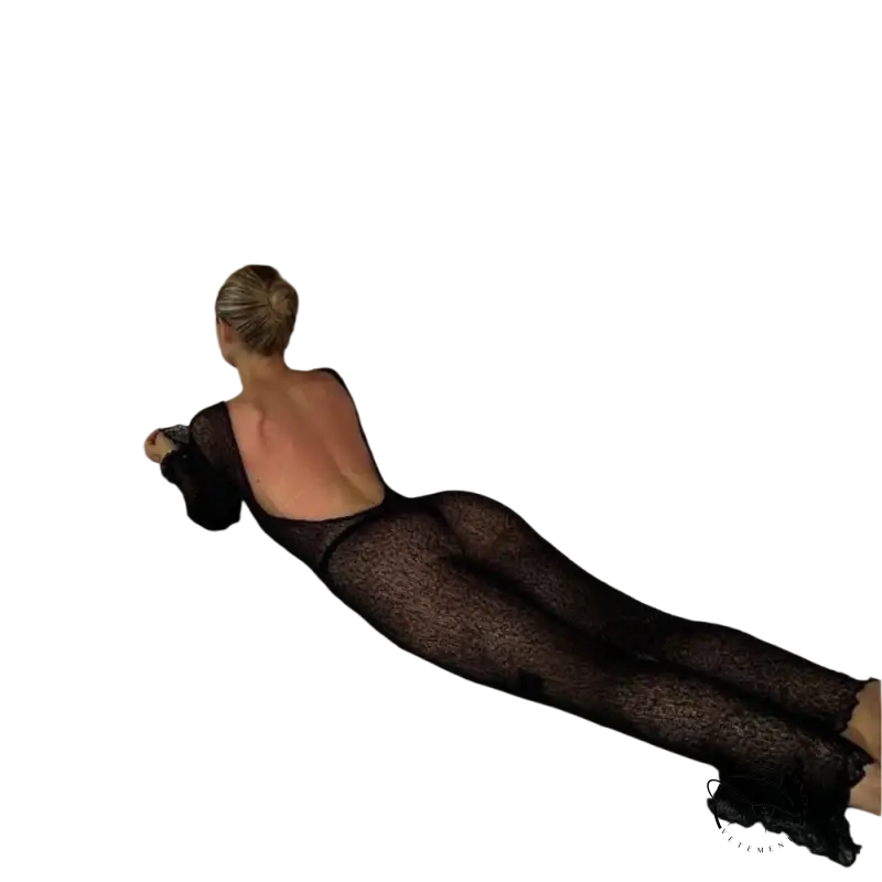 Sexy black lace cover long knitted dress with sheer sleeves and backless design