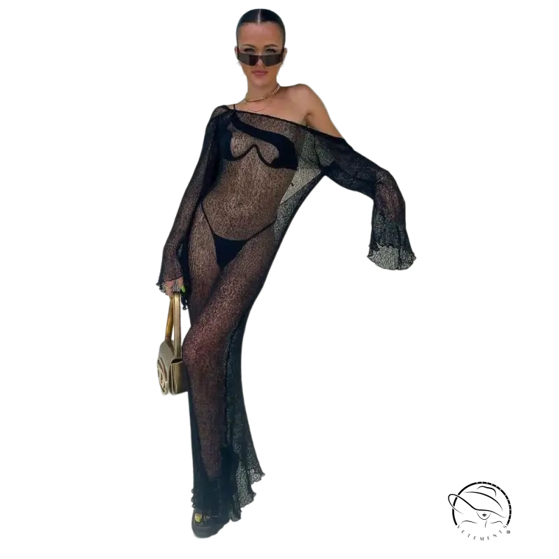 Sexy black sheer lace cover long with flared sleeves and off-shoulder drape