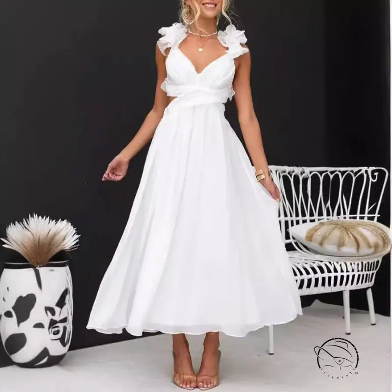 Elegant white ruffled pleated maxi dress with V-neck, free shipping by Langry