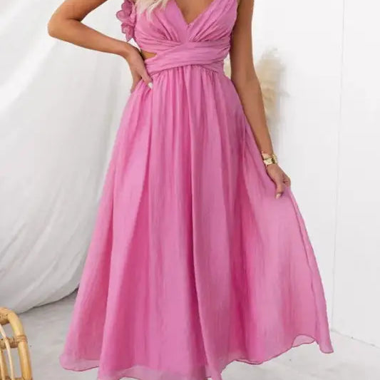 Pink floral-sleeved pleated dress from Elegant Backless Maxi Dress with Ruffle V-Neck, free shipping available