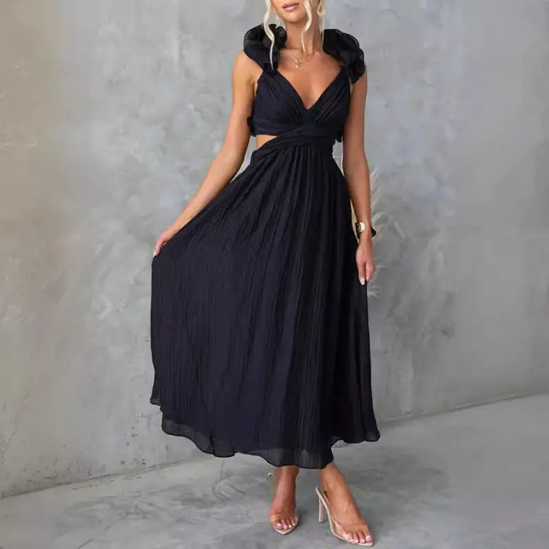 Black pleated cut-out midi dress from Elegant Backless Maxi Dress with Ruffle V-Neck with free shipping