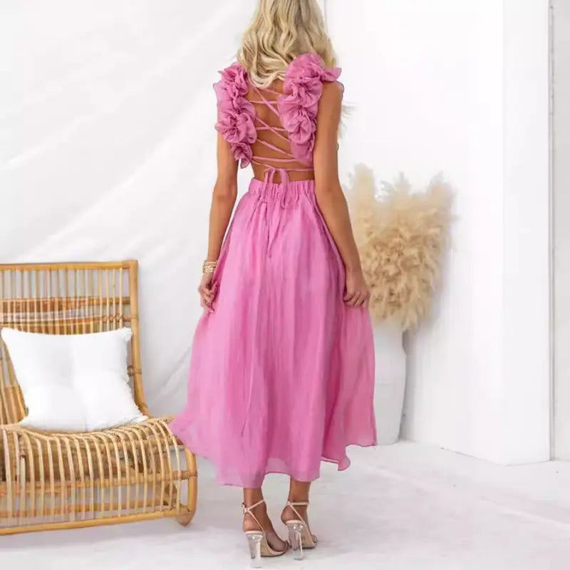 Elegant pink floral-embellished backless pleated maxi dress with ruffle V-neck, free shipping