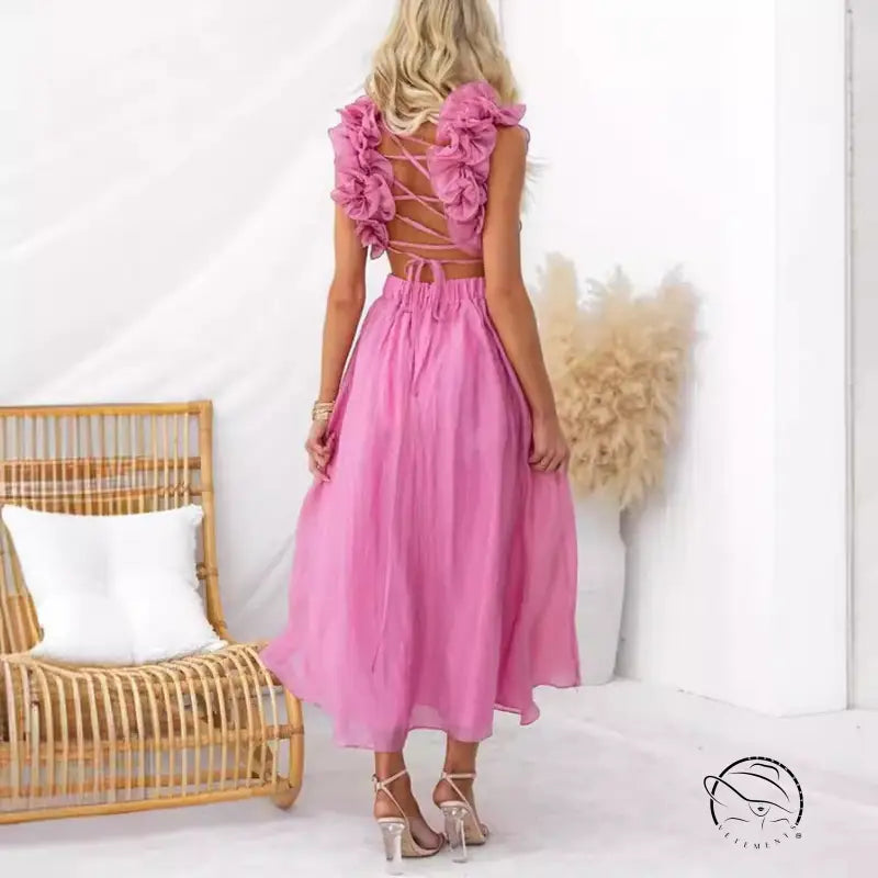 Pink floral-embellished backless pleated dress with ruffle V-neck
