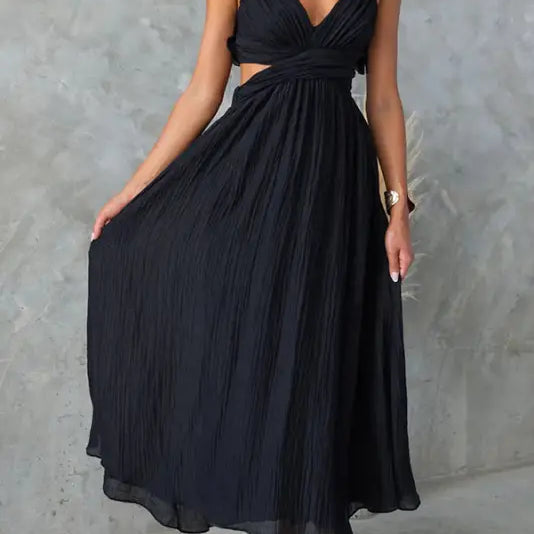 Elegant black cut-out pleated midi dress from Langry with ruffle V-neck, free shipping